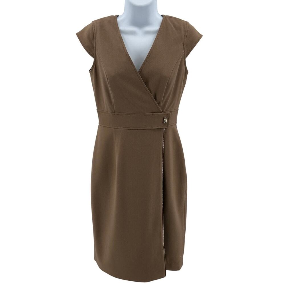 Calvin Klein Sheath Dress WMNS 2 Wrap V-Neck Tan Knee Length Cap Sleeve Stretchy